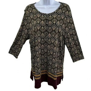 J Jill Womens L 3/4 Sleeve Tunic Top Geometric Peacock Print Henley Style Tunic